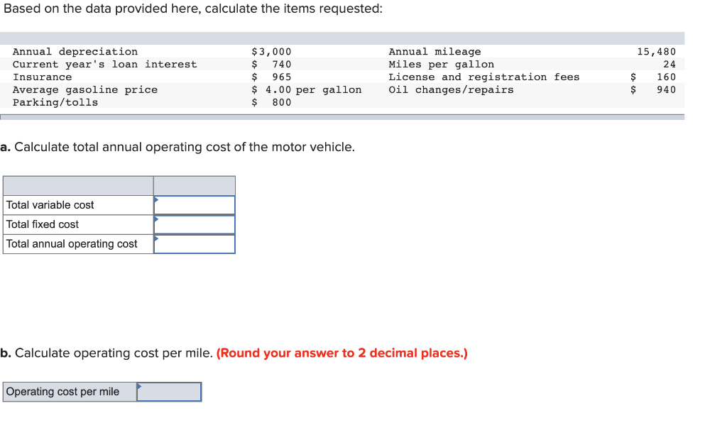  Based on the data provided here, calculate the items requested: Annual