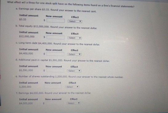  what effect wil a three-for-one stock split have on the following