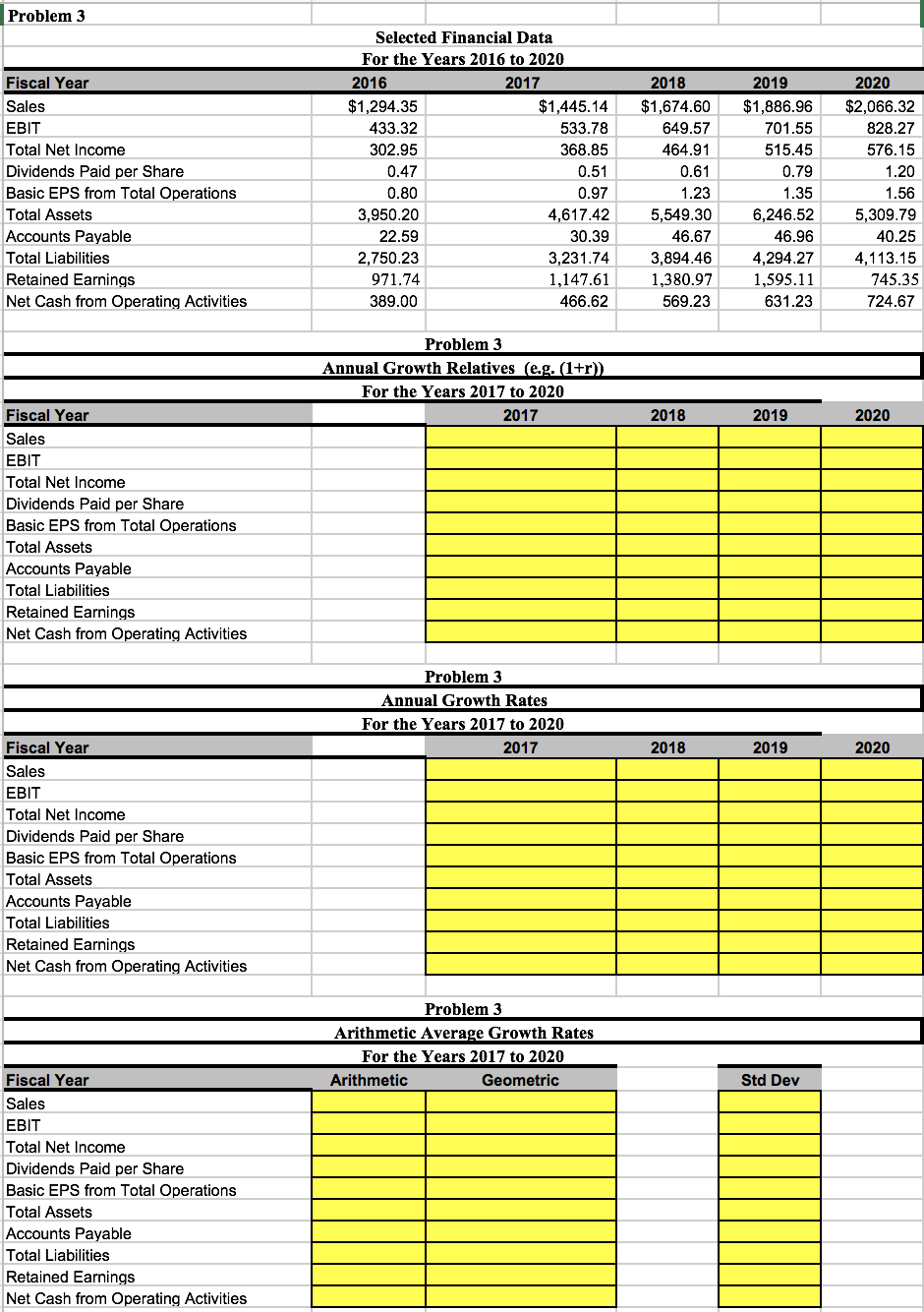 Please show the formulas needed for excel calculations. Problem 3 Fiscal Year