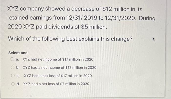 XYZ company showed a decrease of $12 million in its retained earnings