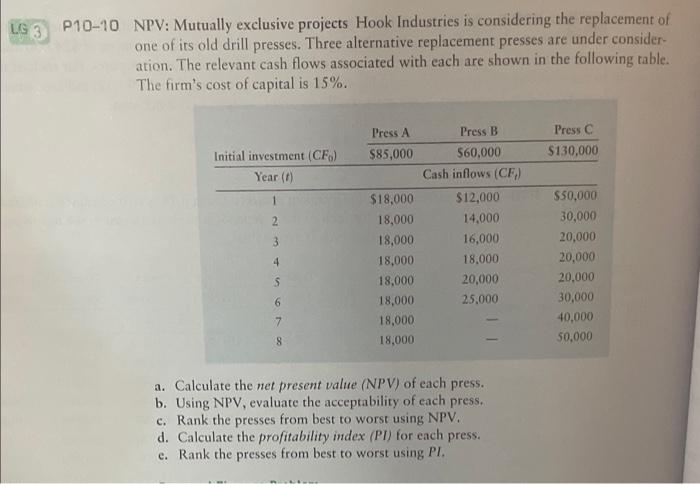  P10-10 NPV: Mutually exclusive projects Hook Industries is considering the replacement