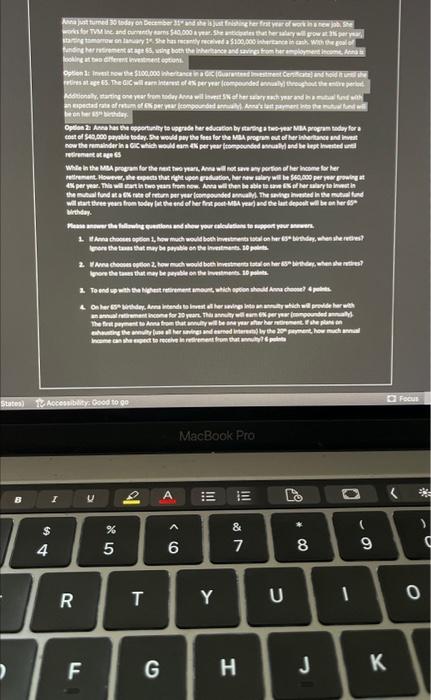 Need Help with Question 1 and 2 please. investment Question Anna just