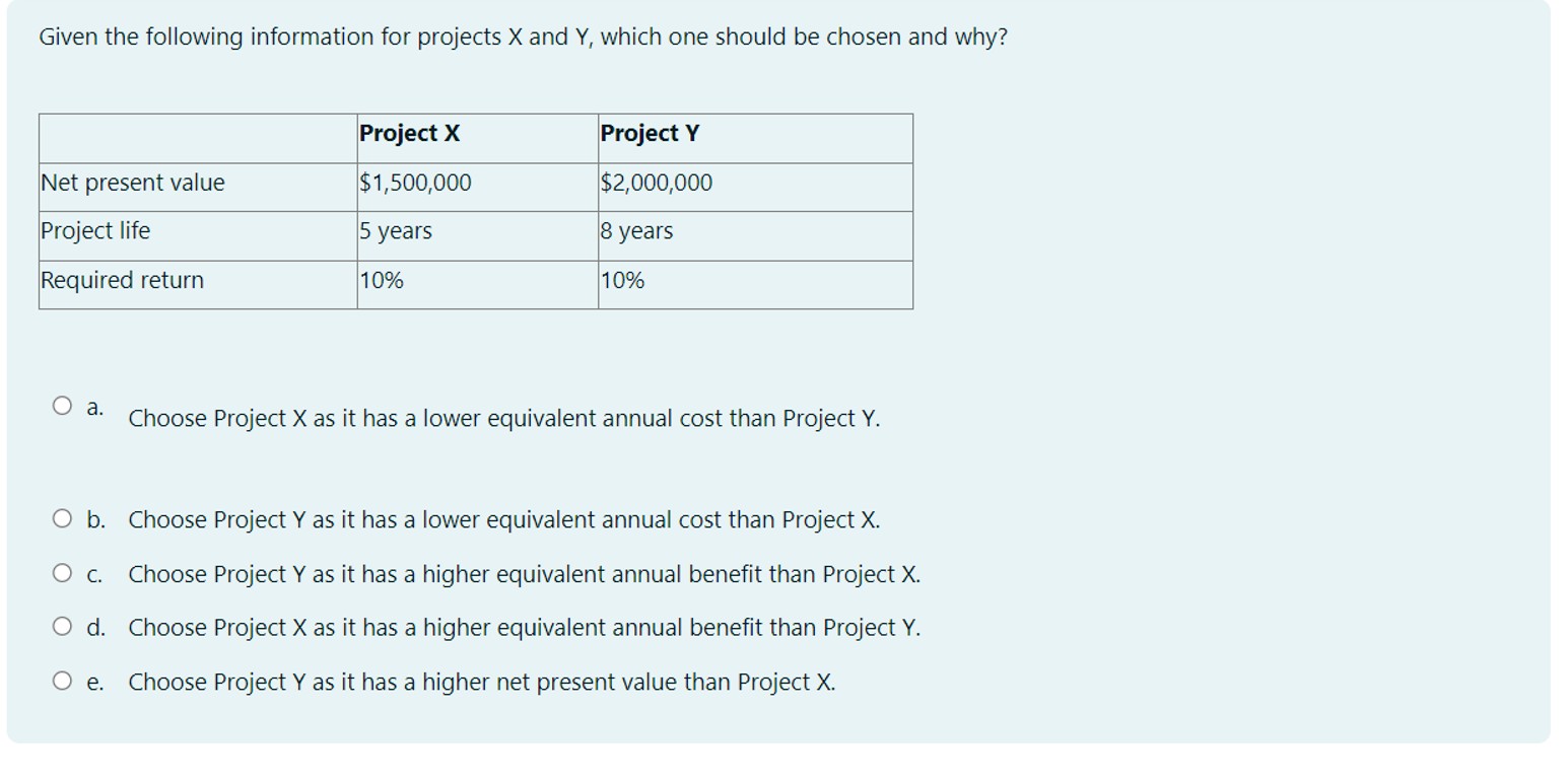  Given the following information for projects x and Y, which one