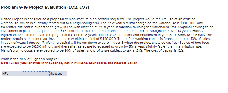 Problem 9-19 Project Evaluation (LO2, LO3) United Pigpen is considering a