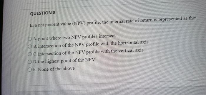 QUESTION 8 In a net present value (NPV) profile, the internal