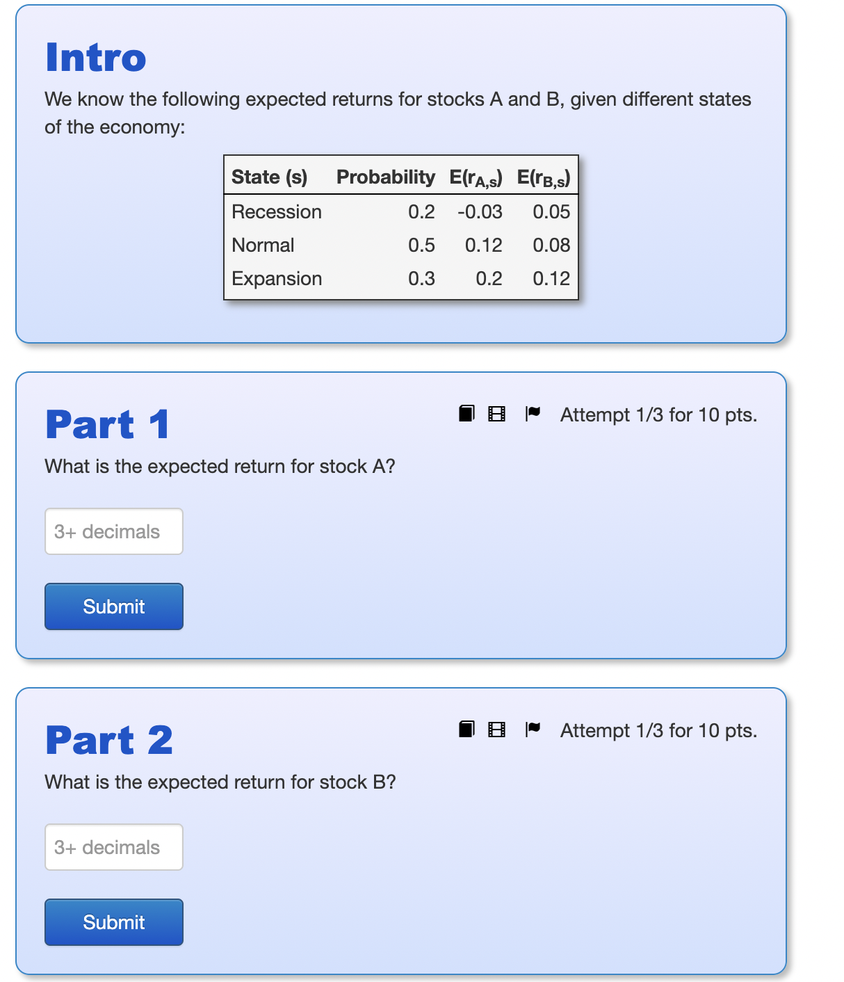We know the following expected returns for stocks A and B, given