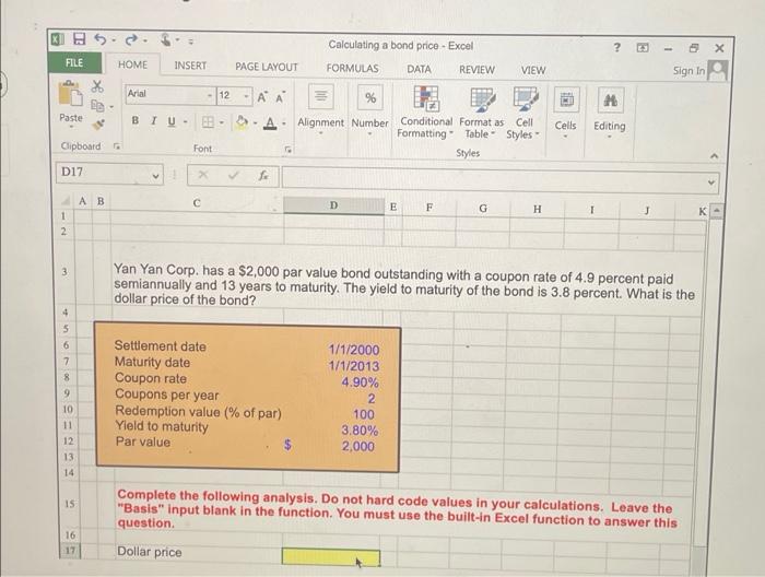  ? Calculating a bond price - Excel FORMULAS DATA REVIEW FILE