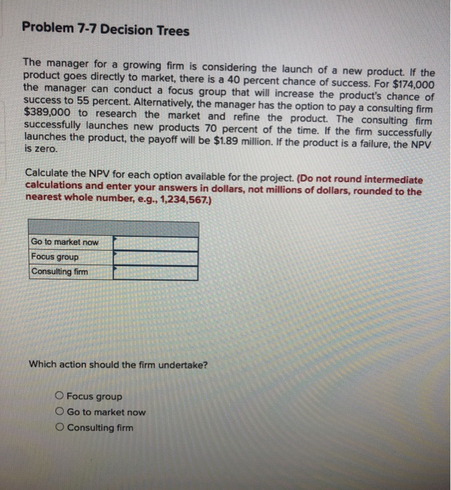  Problem 7-7 Decision Trees The manager for a growing firm is
