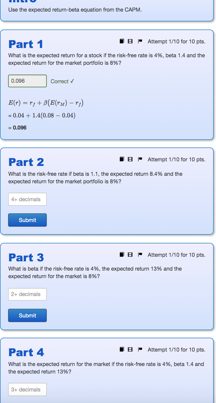  Use the expected return-beta equation from the CAPM. Part 1 IB