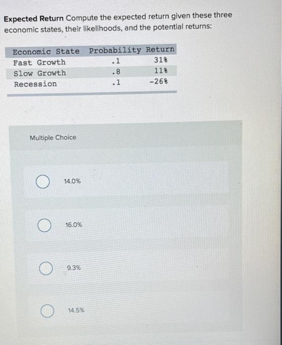  Expected Return Compute the expected return given these three economic states,