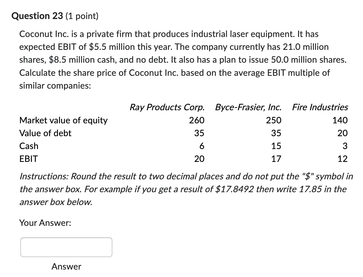  Question 23(1 point) Coconut Inc. is a private firm that produces