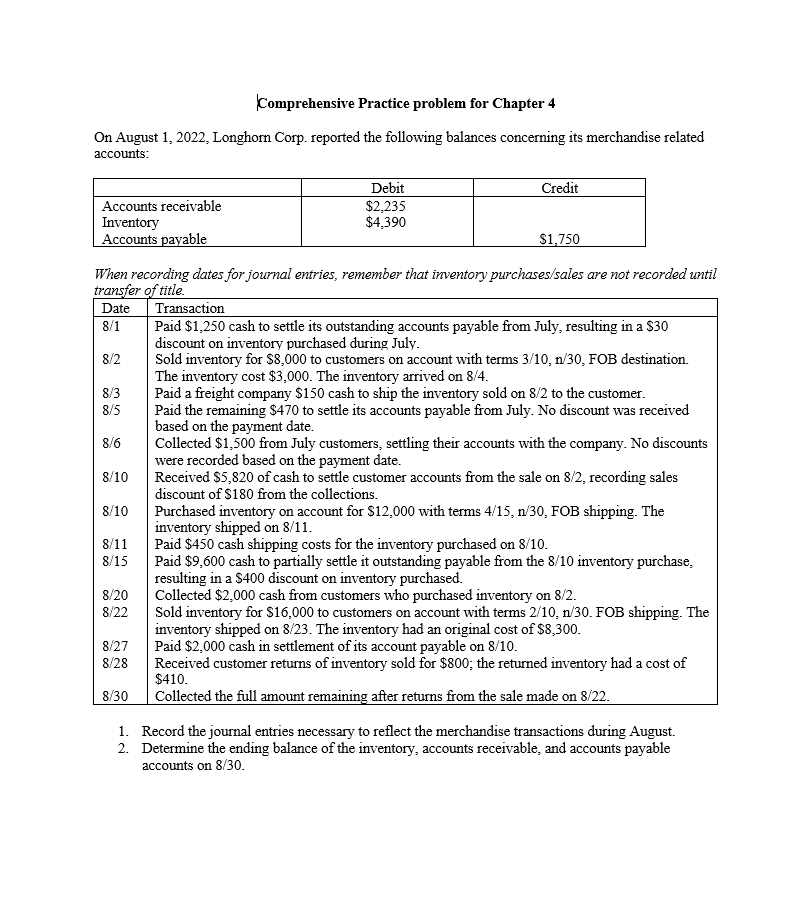 Comprehensive Practice problem for Chapter 4 On August 1, 2022, Longhorn