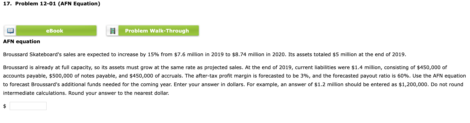  17. Problem 12-01 (AFN Equation) AFN equation eBook $ Problem Walk-Through