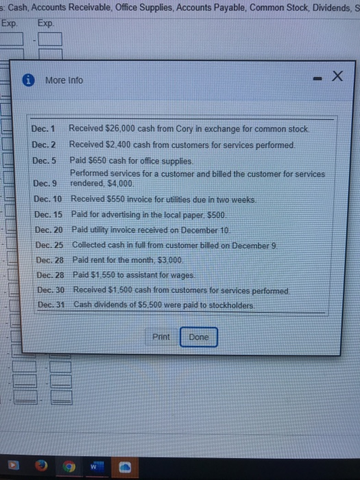 Receivable, Office Supplies, Accounts Payable. Common Stock Dividends, Service Reve For each