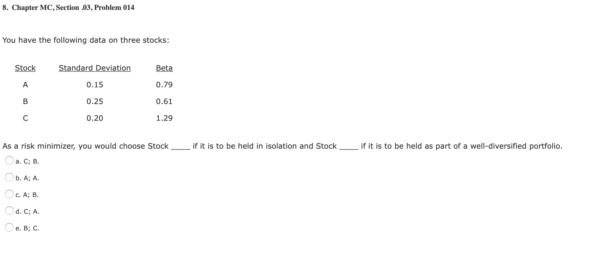  8. Chapter MC, Section .03, Problem 014 You have the following