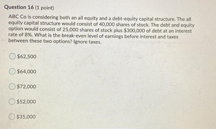 Question 16 (1 point) ABC Co is considering both an all