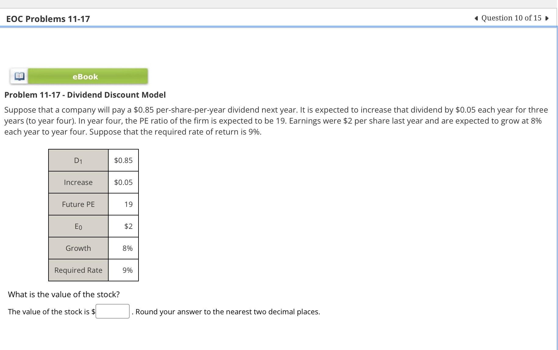  EOC Problems 11-17 Question 10 of 15 eBook Problem 11-17- Dividend