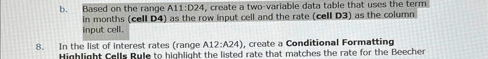  b. Based on the range A11:D24, create a two-variable data table