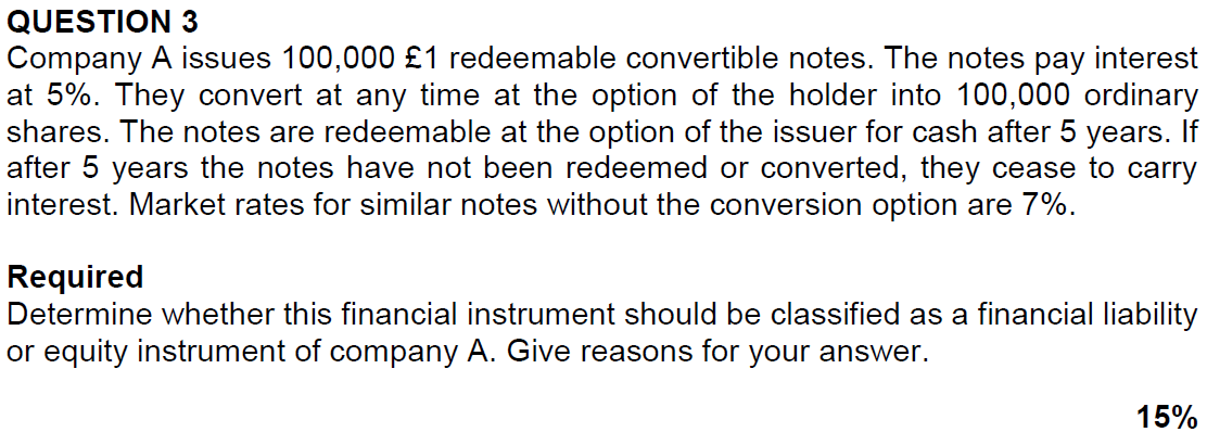  QUESTION 3 Company A issues 100,000 1 redeemable convertible notes. The