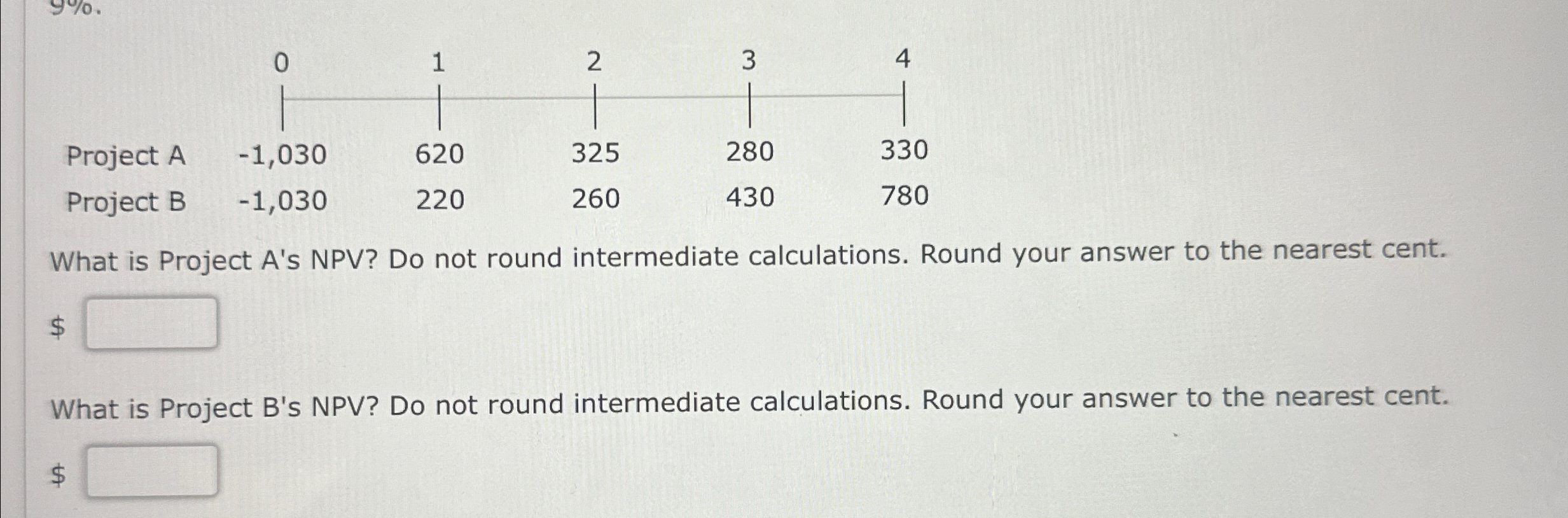  What is Project A's NPV? Do not round intermediate calculations. Round