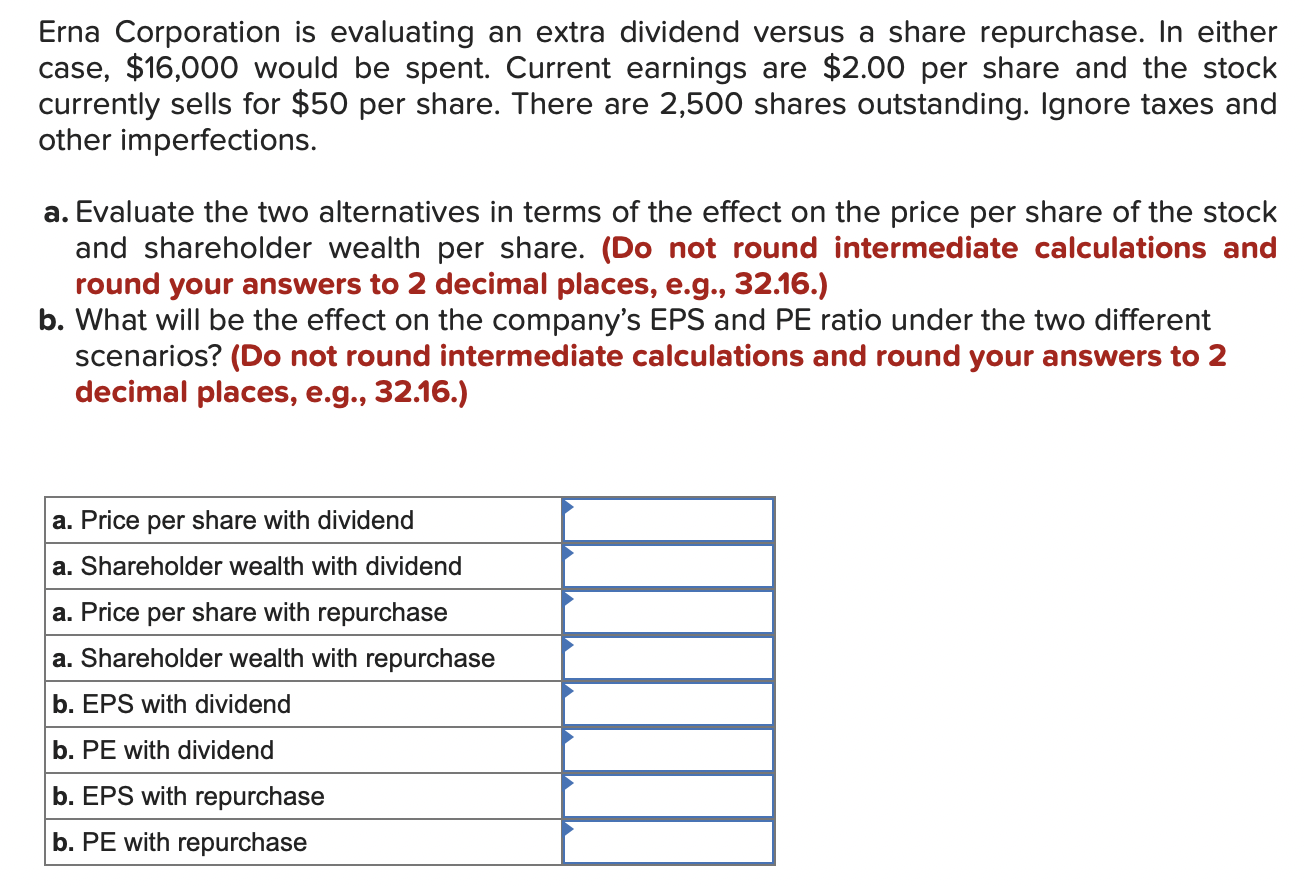  Erna Corporation is evaluating an extra dividend versus a share repurchase.