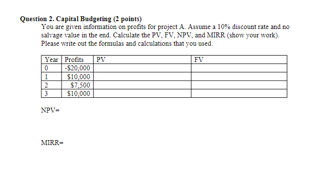 Question 2. Capital Budgeting (2 points) You are given information on