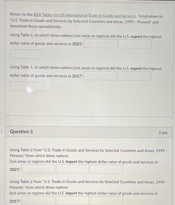 could someone help Return to the BEA Tables for US International Trade