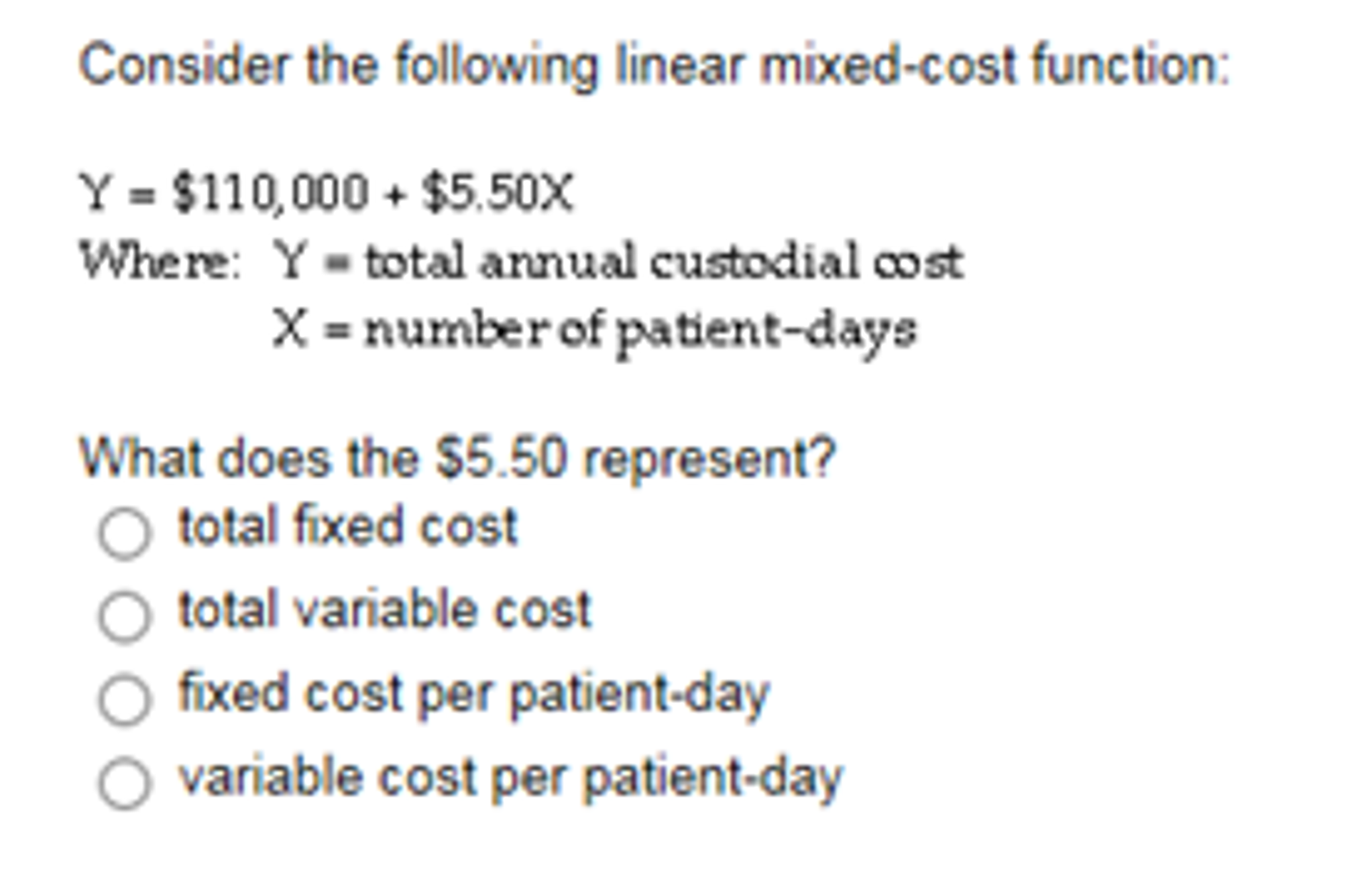  Consider the following linear mixed-cost function: Y = $110,000 + $5,