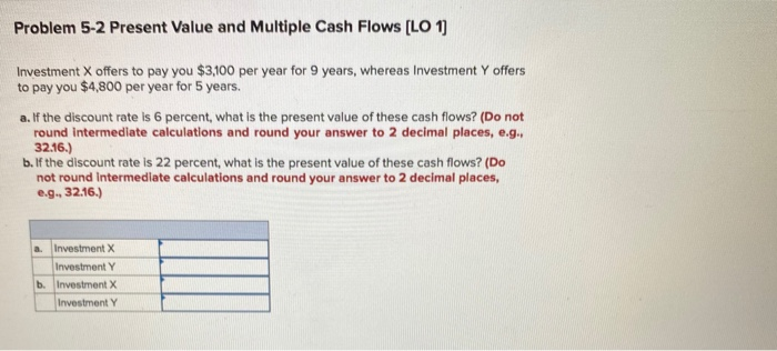  Problem 5-2 Present Value and Multiple Cash Flows [LO 1) Investment