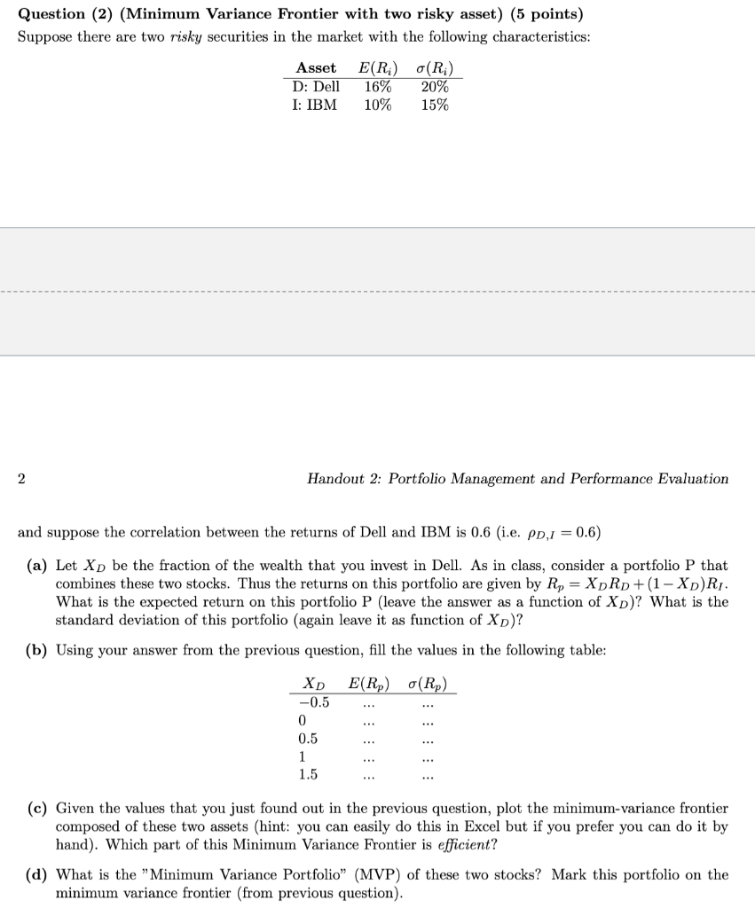 Question (2) (Minimum Variance Frontier with two risky asset) (5 points)