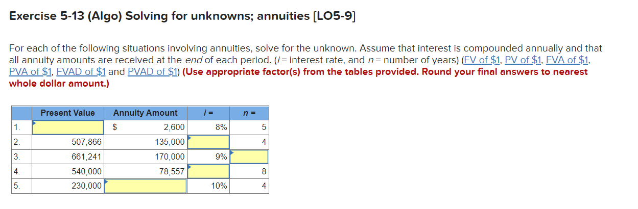  Exercise 5-13 (Algo) Solving for unknowns; annuities (LO5-9] For each of