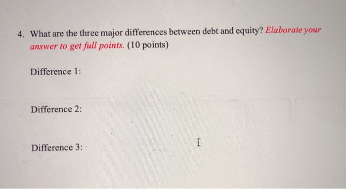  4. What are the three major differences between debt and equity?