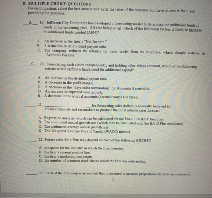 B. MULTIPLE CHOICE QUESTIONS For each question, select the best answer