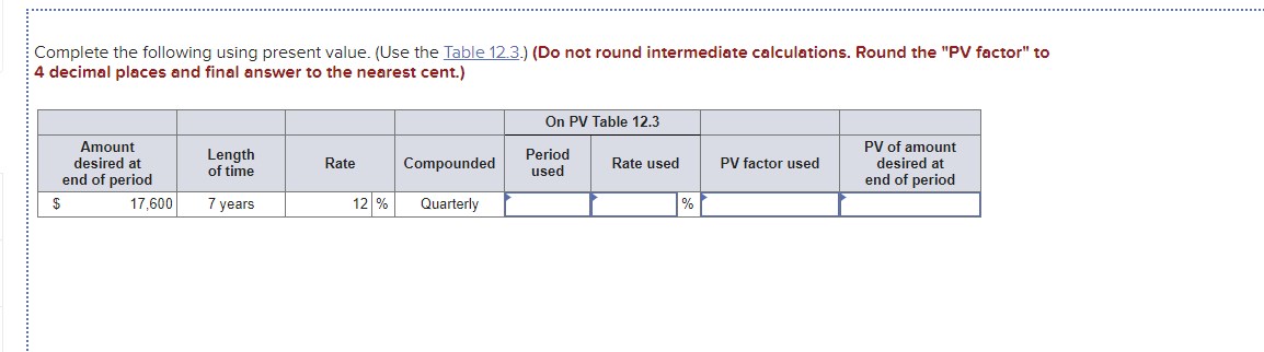  Complete the following using present value. (Use the Table 12.3.) Note: