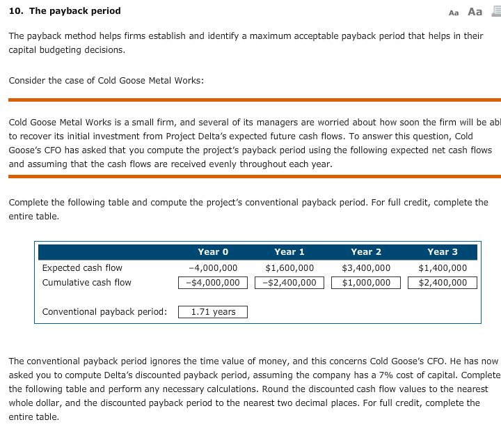  10. The payback period Aa Aa E The payback method helps