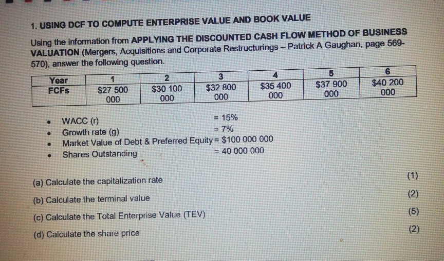 1. USING DCF TO COMPUTE ENTERPRISE VALUE AND BOOK VALUE Using
