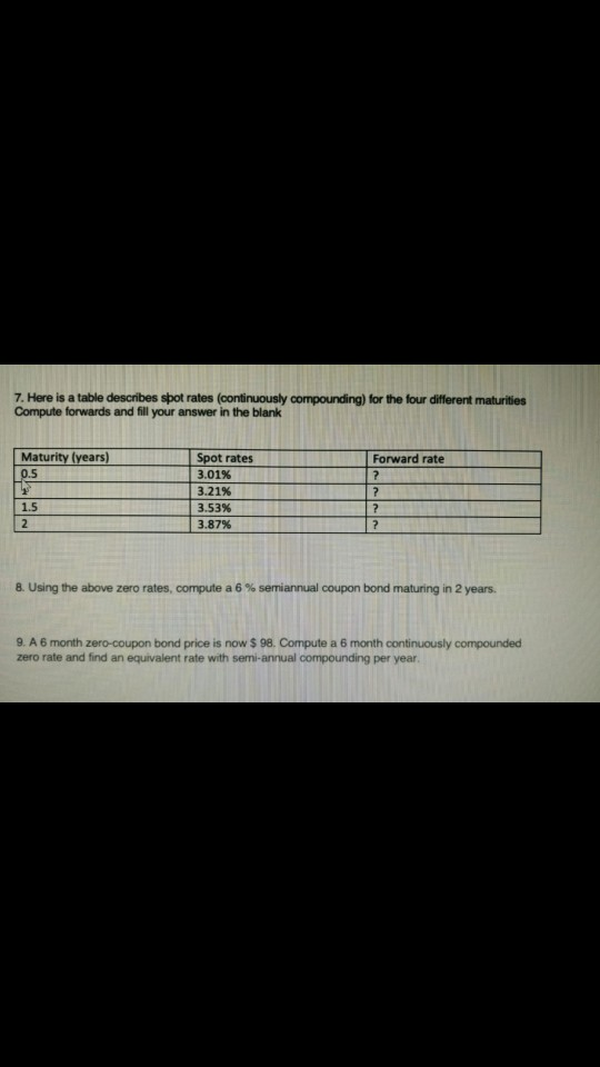 7. Here is a table describes spot rates (continuously compounding) for