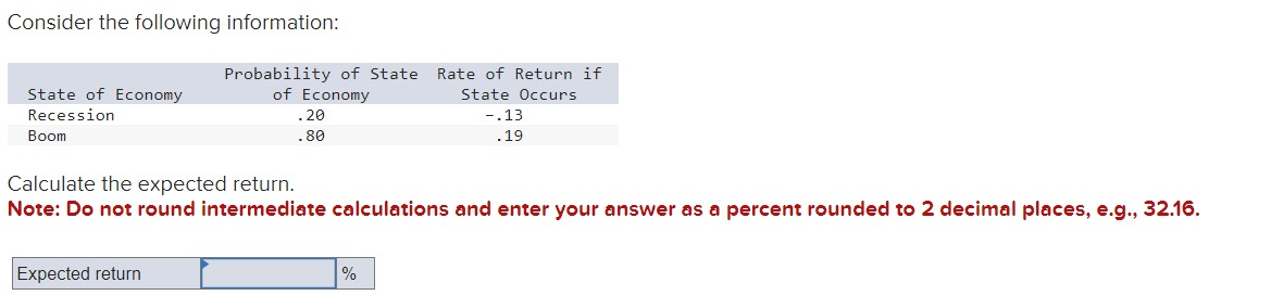  Consider the following information: Calculate the expected return. Note: Do not