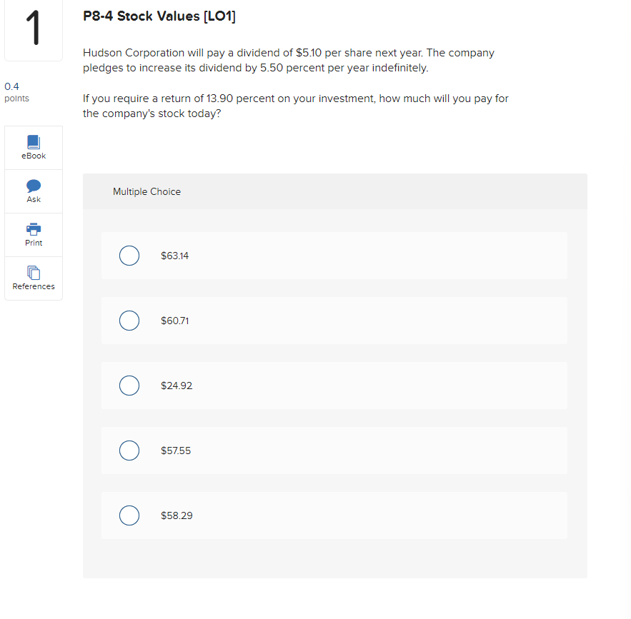  1 P8-4 Stock Values [LO1] Hudson Corporation will pay a dividend