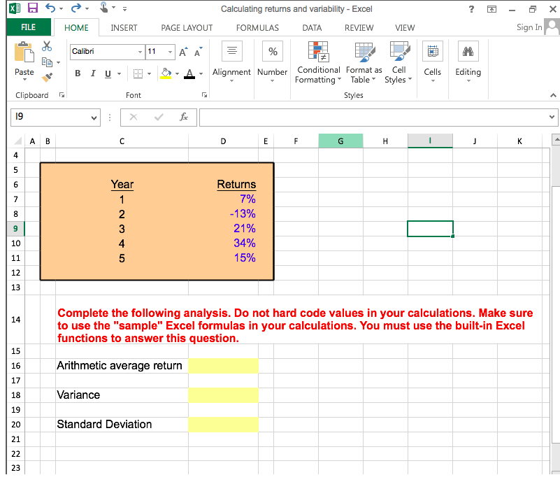  ? X Calculating returns and variability - Excel FORMULAS DATA REVIEW
