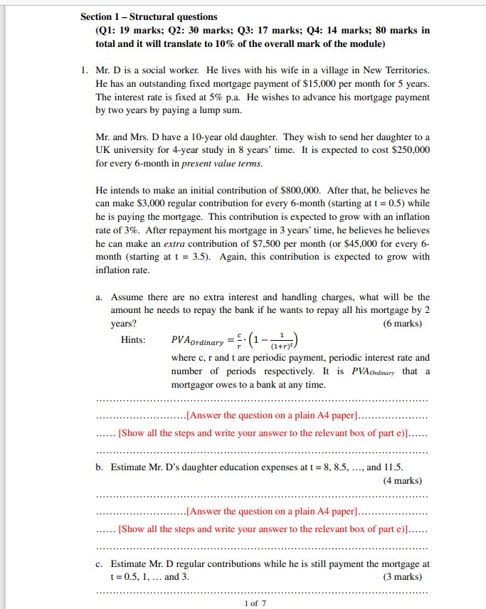  Section 1 - Structural questions (Q1: 19 marks; Q2: 30 marks;