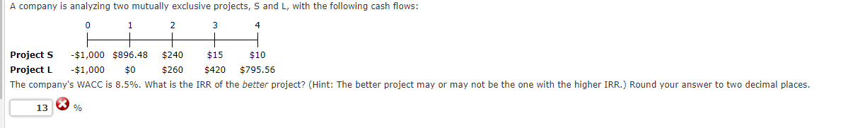  A company is analyzing two mutually exclusive projects, S and L,