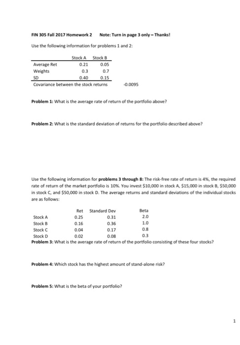  FIN 305 Fall 2017 Homework 2 Note: Turn in page 3
