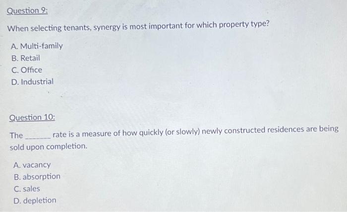  When selecting tenants, synergy is most important for which property type?