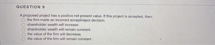  QUESTION 9 A proposed project has a positive net present value.