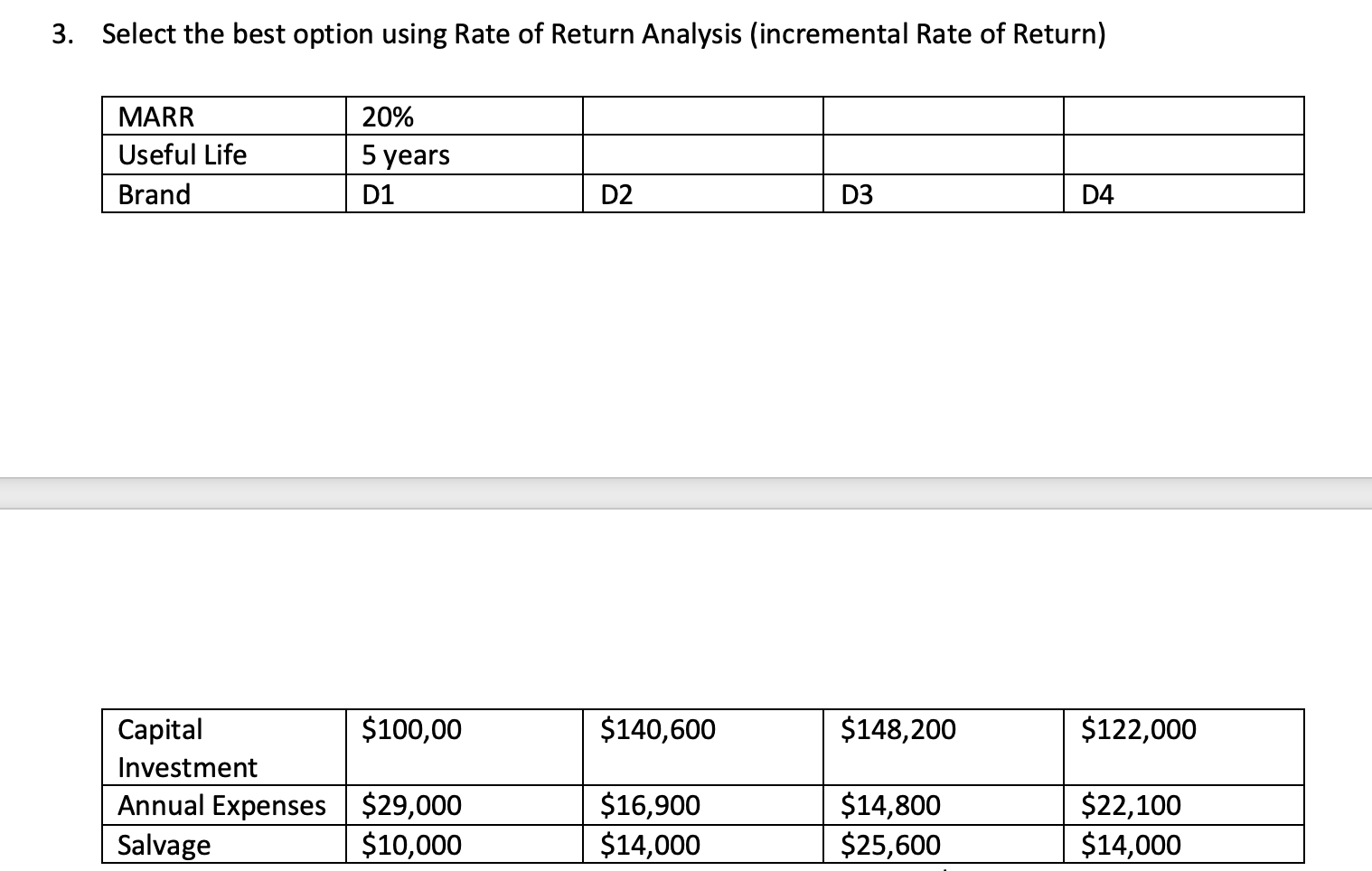  Select the best option using Rate of Return Analysis (incremental Rate