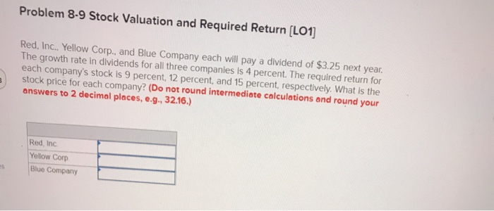  Problem 8-9 Stock Valuation and Required Return (L01) Red, Inc., Yellow