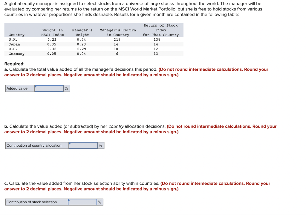 A global equity manager is assigned to select stocks from a