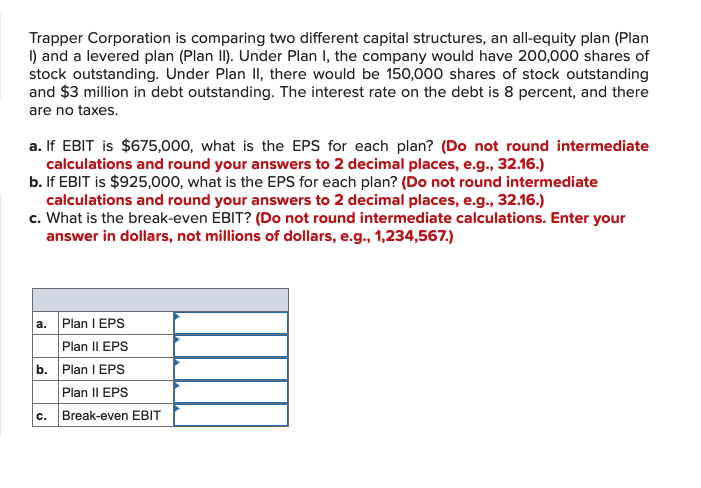 Trapper Corporation is comparing two different capital structures, an all-equity plan