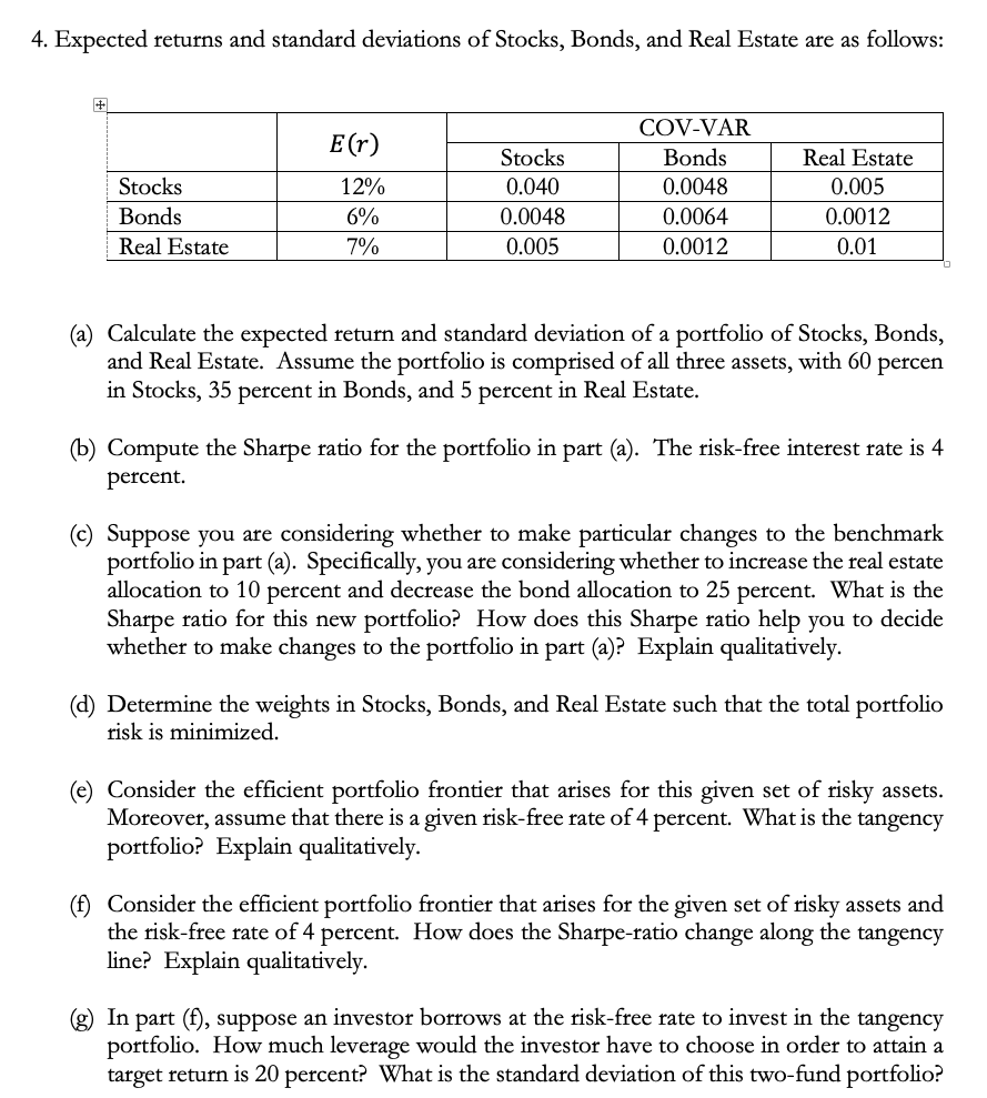 (f) Consider the efficient portfolio frontier that arises for the given set
